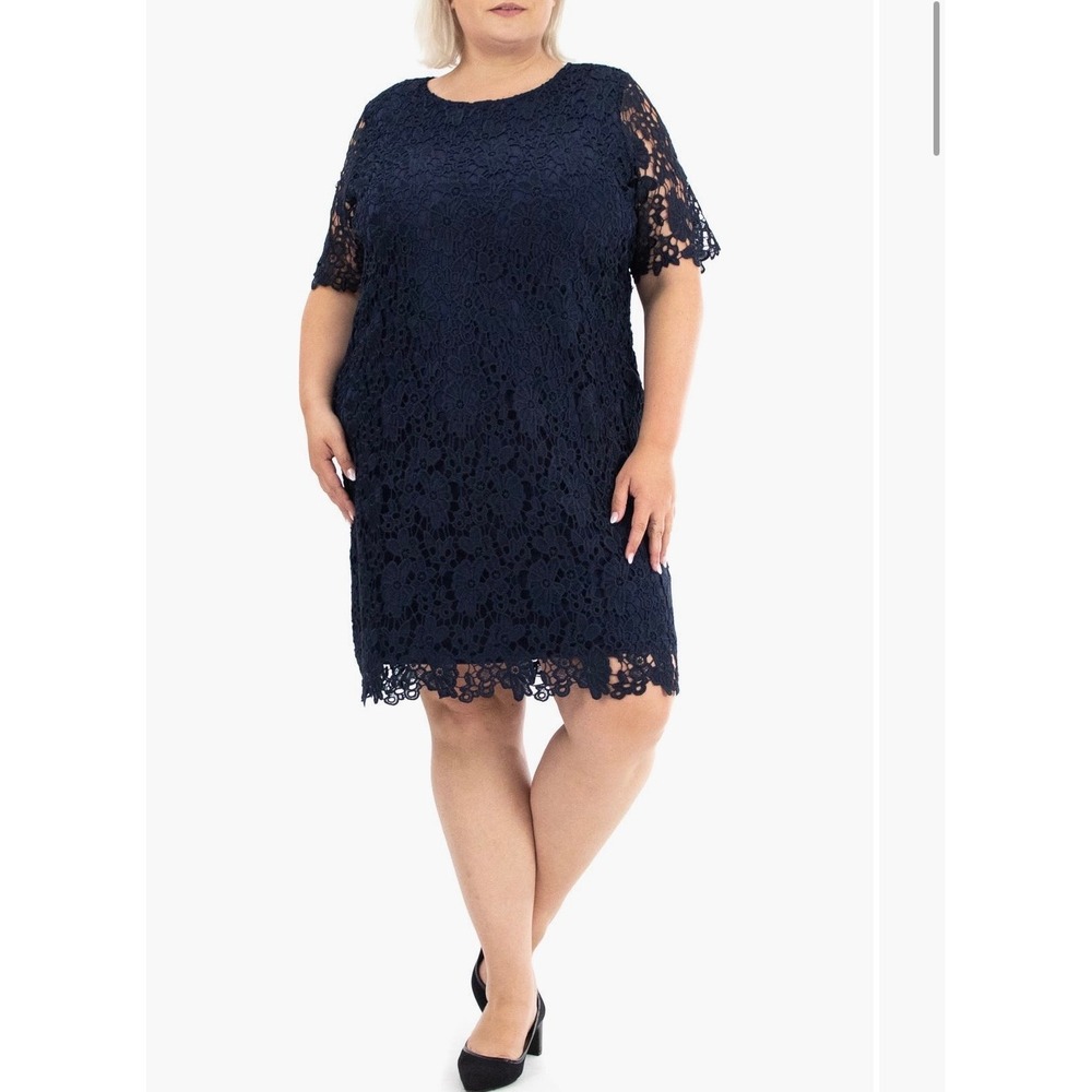 Nina Leonard Black Floral Lace Sheath Dress Short Sleeve XL RN 115070